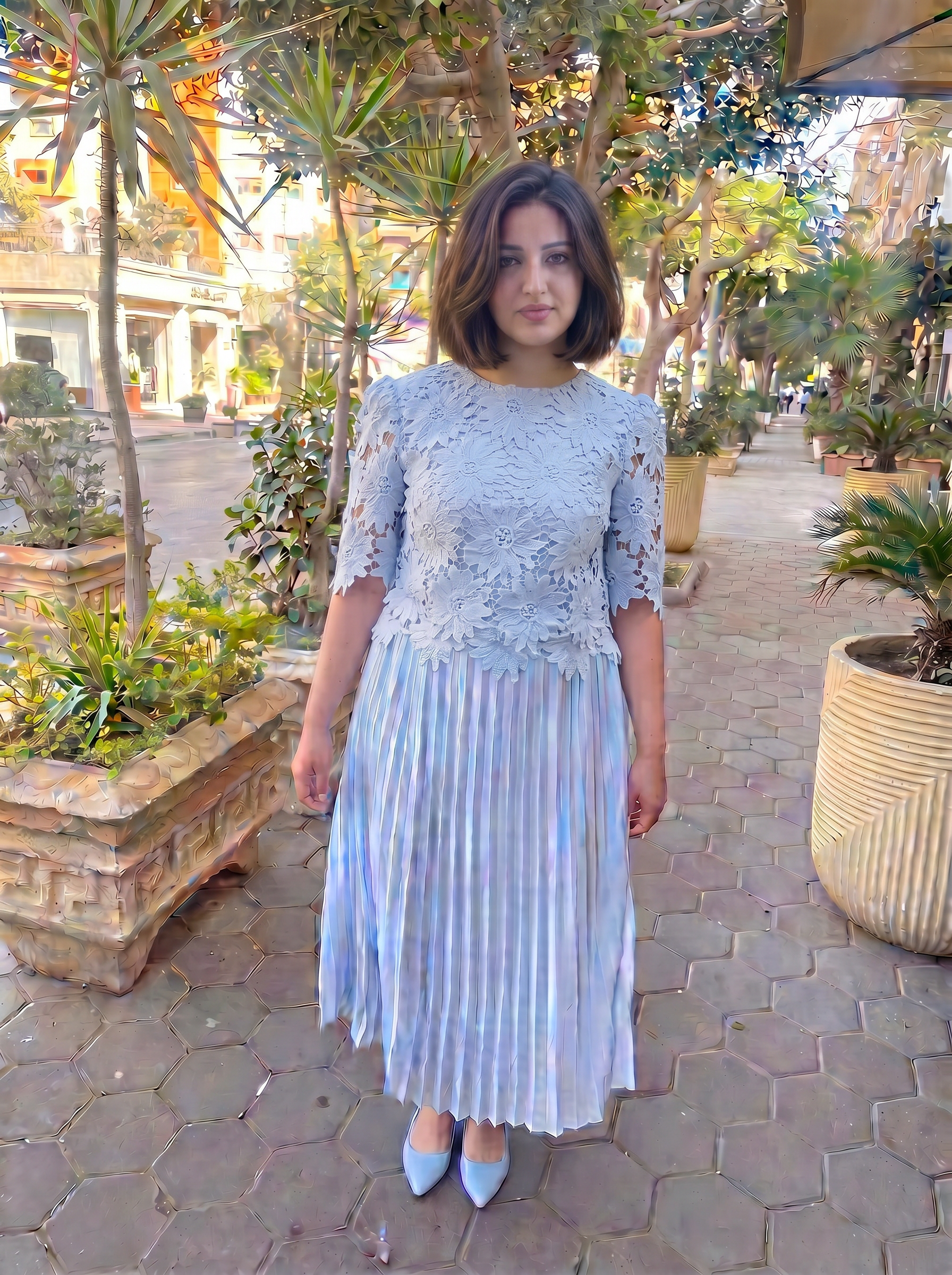 Baby Blue Guipure Afternoon modest outfit inspiration