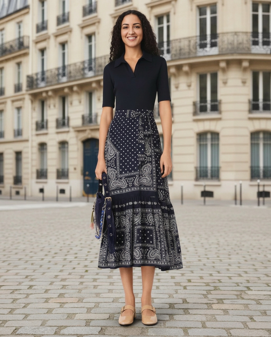 Maje day dress and Clarks Cuties modest outfit inspiration